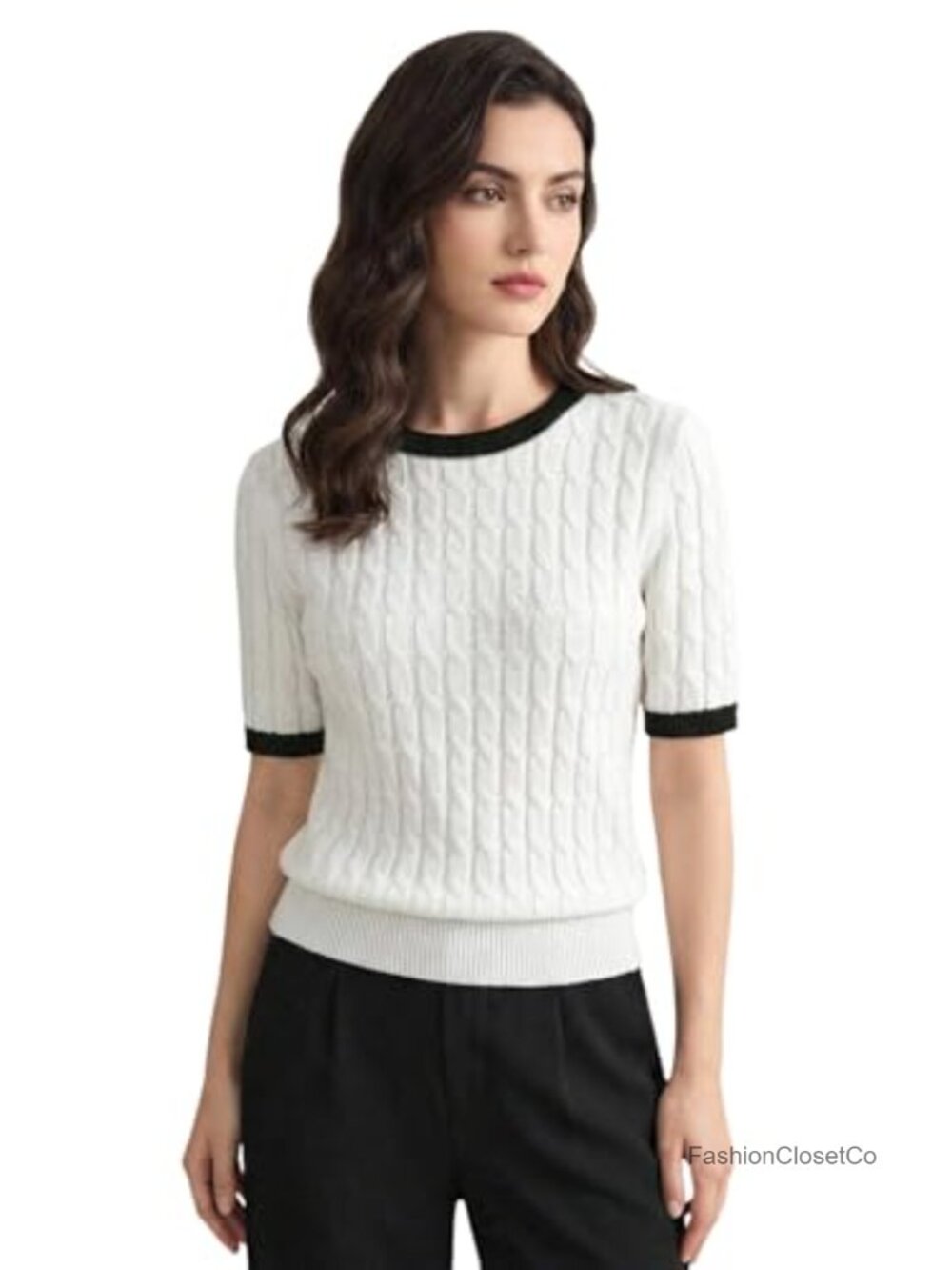 Elegant Short Sleeve Cable Knit Sweater Women Crew Neck Office Pullover